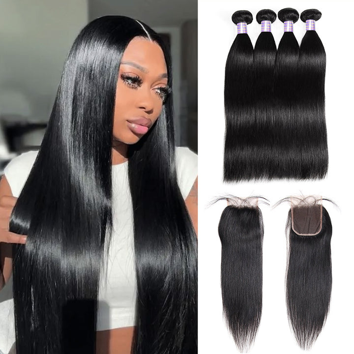 Allove Hair Peruvian Straight Hair 4 Bundles With 4*4 Lace Closure - AlloveHair