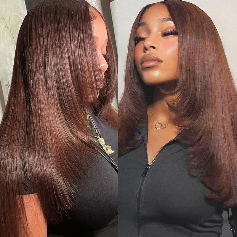 #4 Chocolate Brown Layered Cut Straight Wigs 13x4/5x5 HD Lace Front Human Hair Wigs - AlloveHair