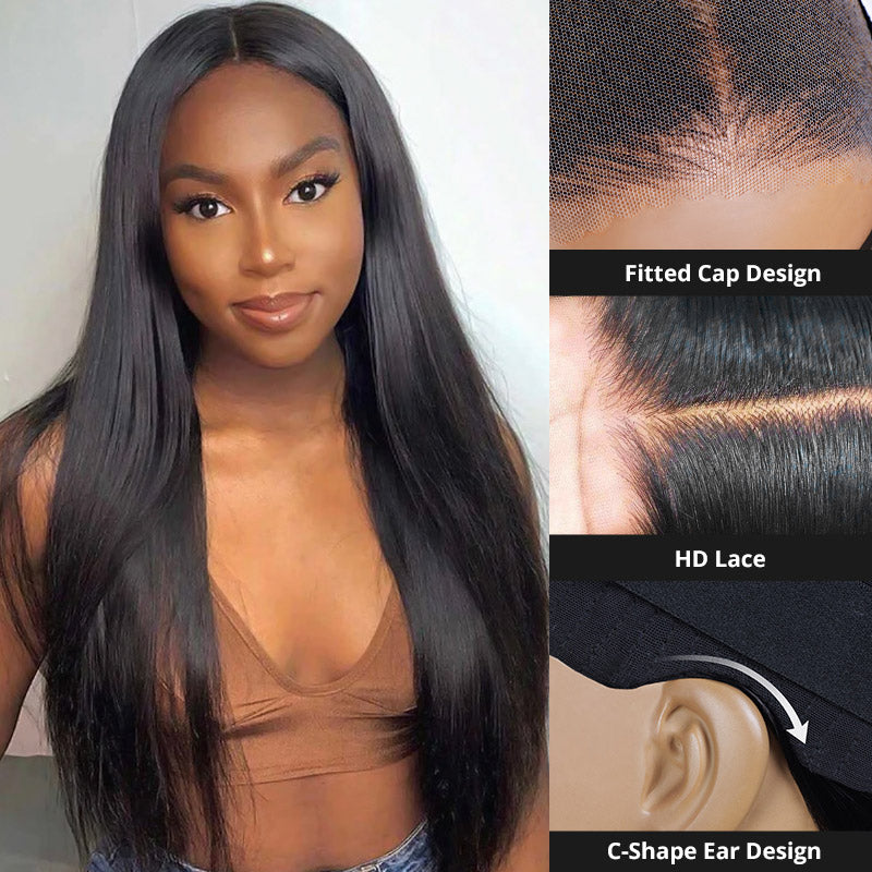 Allove Hair C-Shape Long Sikly Straight HD Glueless Lace Closure 5x5 Wigs 180% Density