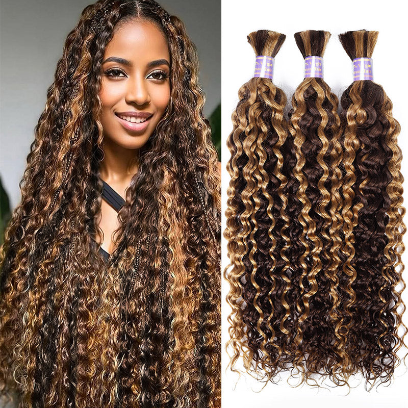 4/27 Honey Blonde Human Braiding Hair Water Wave Bundles No Weft 20 Inch 100g Curly Braiding Hair Extensions for Boho Braids - AlloveHair