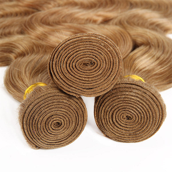#27 Honey Blonde Color Body Wave 3 Bundles With 4x4 Lace Closure Human Hair Extensions