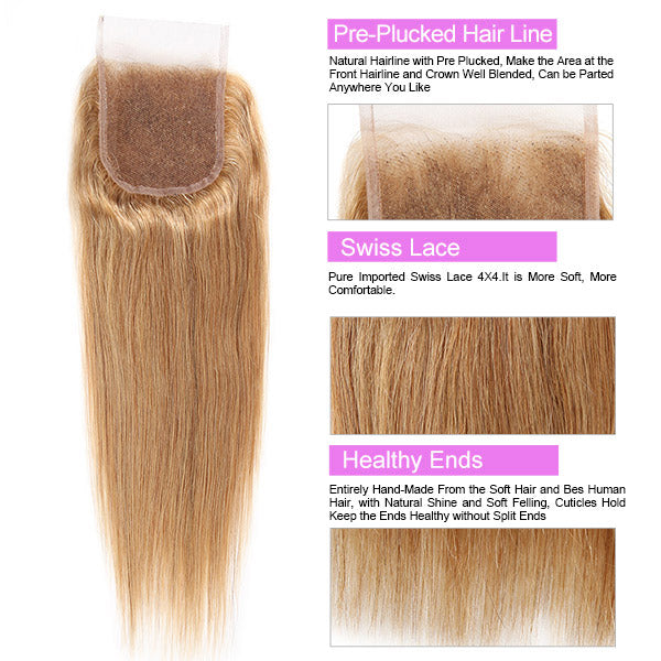 #27 Honey Blonde Color Straight Hair 3 Bundles With 4x4 Lace Closure