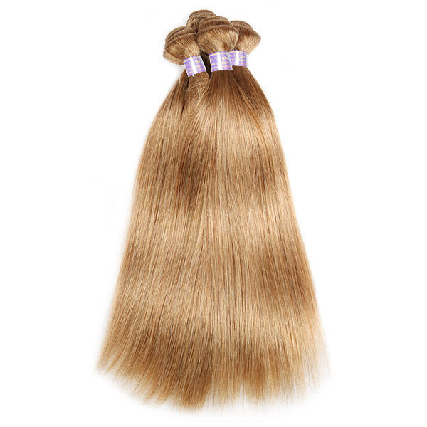 #27 Honey Blonde Color Straight Hair 3 Bundles With 4x4 Lace Closure
