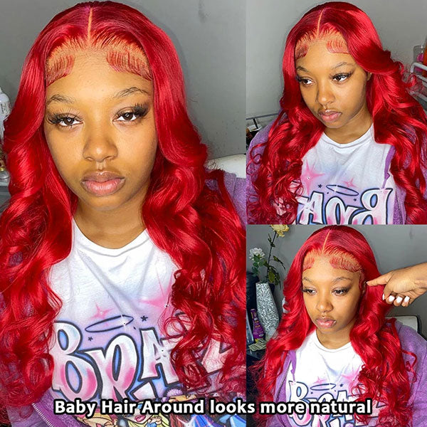 32 Inch Red Color Lace Front Wigs Body Wave Transparent 13x4 Lace Front Wig with Pre Plucked
