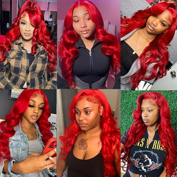 32 Inch Red Color Lace Front Wigs Body Wave Transparent 13x4 Lace Front Wig with Pre Plucked