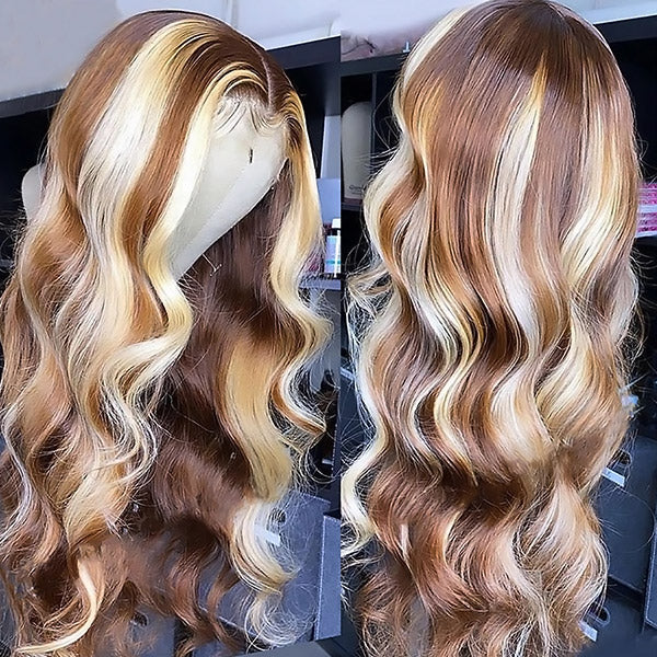 32Inch 4/613 Colored Highlight Human Hair Wig Body Wave 13x4 Lace Front Wig with Pre Plucked