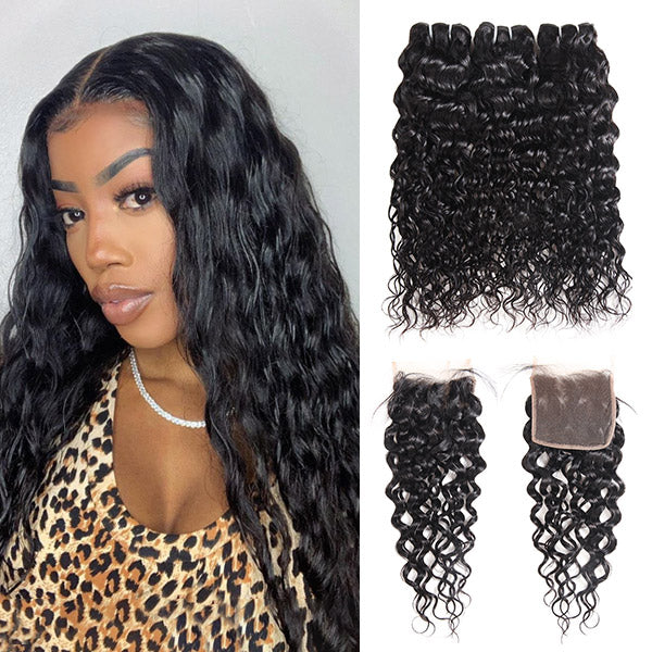 Allove Hair Brazilian Water Wave 3 Bundles With 4*4 Lace Closure : ALLOVEHAIR