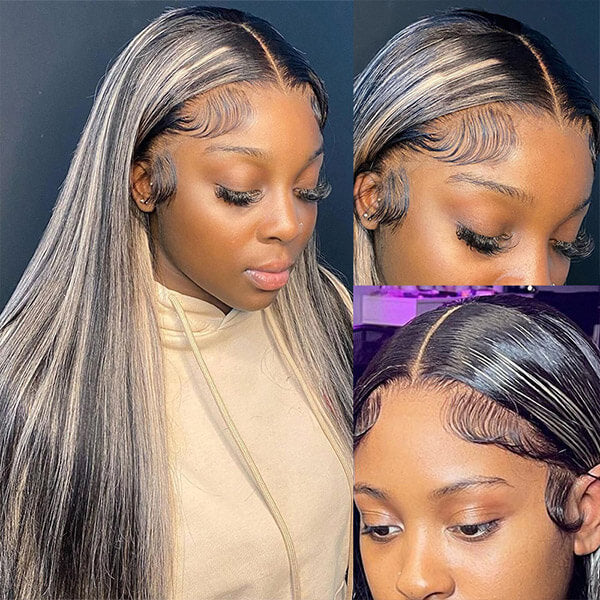 Grey Highlight Straight HD Transparent 13x4 Lace Frontal Wig For Black Women
