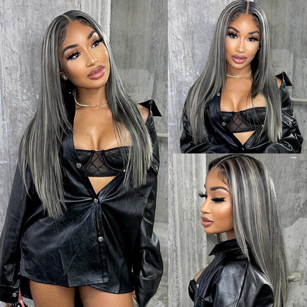 Grey Highlight Straight HD Transparent 13x4 Lace Frontal Wig For Black Women
