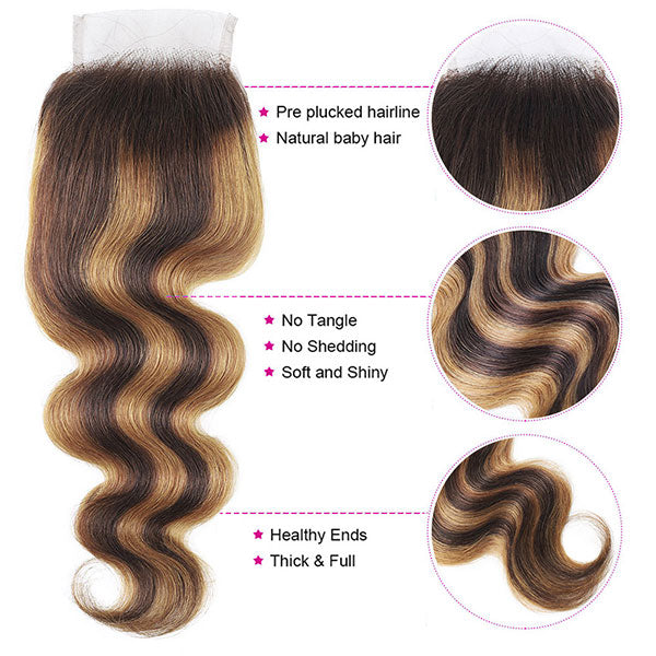 Highlight Bundles With Closure Brazilian Ombre Body Wave Hair Bundles With Closure P4/27 Brown Color Remy Hair Weave Bundles - AlloveHair