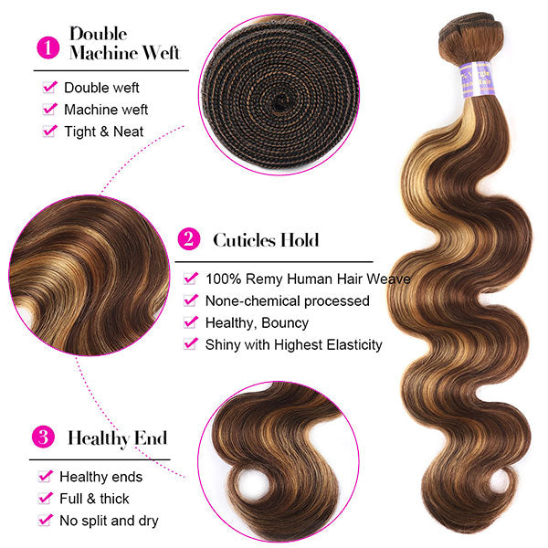 Highlight Bundles With Closure Brazilian Ombre Body Wave Hair Bundles With Closure P4/27 Brown Color Remy Hair Weave Bundles - AlloveHair