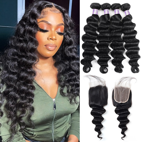 Allove Hair offers high-quality Loose Deep Wave hair bundles with closure made from authentic Peruvian hair. These bundles are perfect for sew-in installations due to their double weft construction, ensuring durability and minimal shedding.