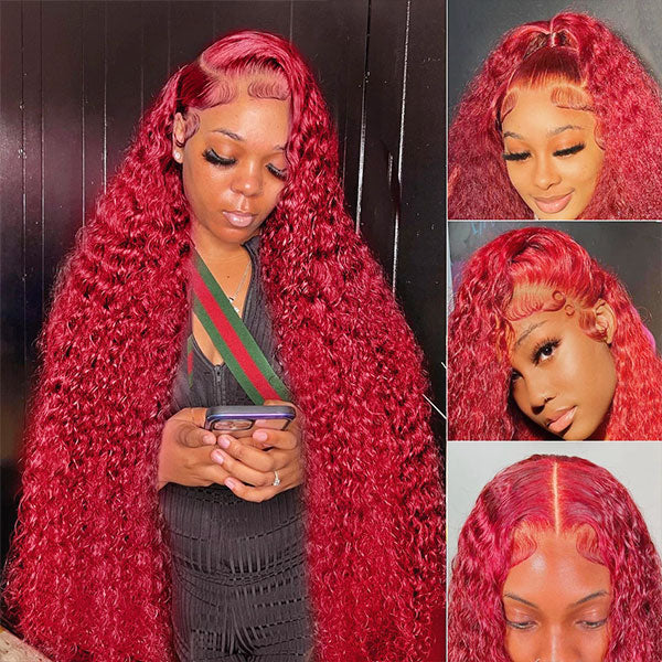 Red Color Deep Wave Lace Front Wigs Transparent 13x4 Lace Front Wig with Pre Plucked