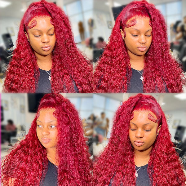 Red Color Deep Wave Lace Front Wigs Transparent 13x4 Lace Front Wig with Pre Plucked