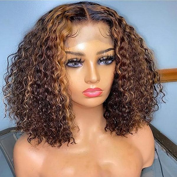 Honey Blonde Short Curly Bob Wig 13x6x1 Lace Part Human Hair Wigs For Women