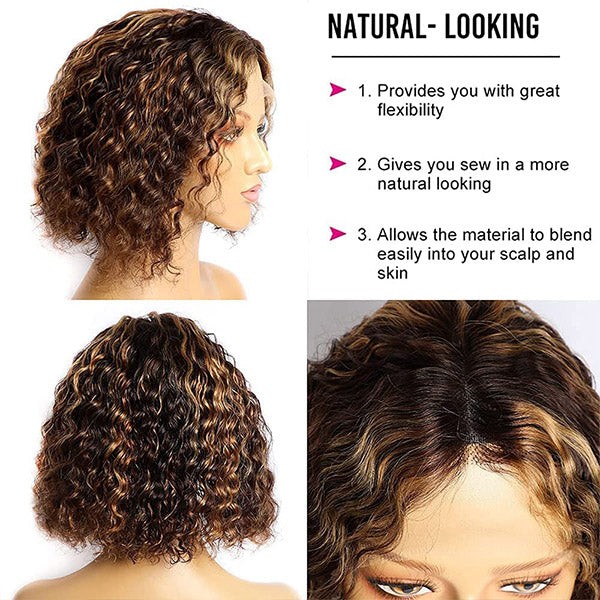 Honey Blonde Short Curly Bob Wig 13x6x1 Lace Part Human Hair Wigs For Women