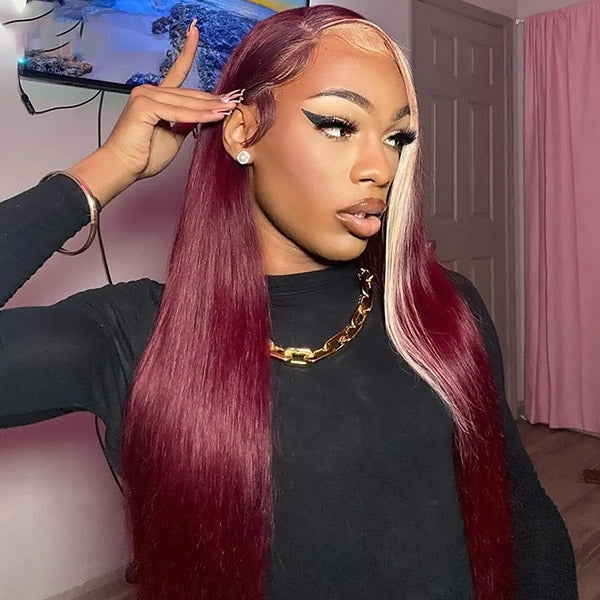 Skunk Stripe 99J Burgundy Blonde Color Straight 13x4 Transparent Lace Front Human Hair Wig with Pre Plucked
