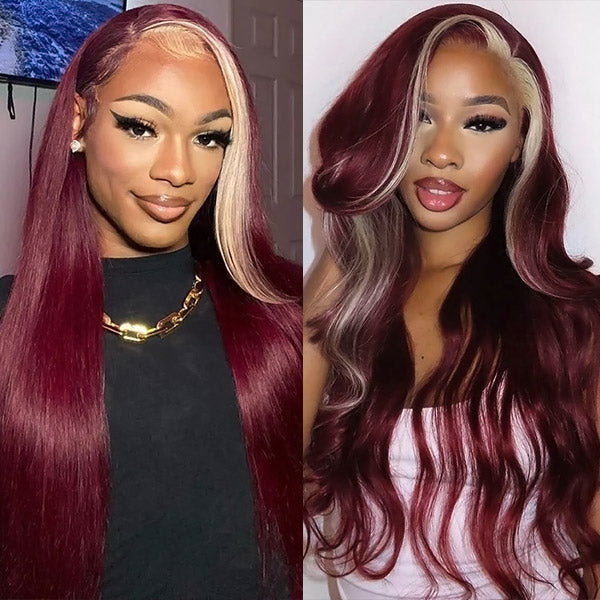 Skunk Stripe 99J Burgundy Blonde Color Straight 13x4 Transparent Lace Front Human Hair Wig with Pre Plucked