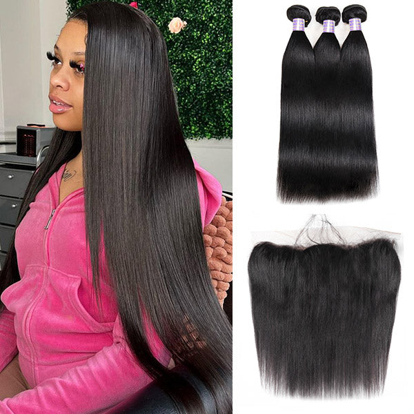 Achieve sleek and flawless hairstyles with Allove Hair's premium Brazilian Straight Hair Bundles with a 13x4 Frontal. Our virgin human hair is meticulously crafted for a seamless sew-in installation, ensuring a natural look and feel.