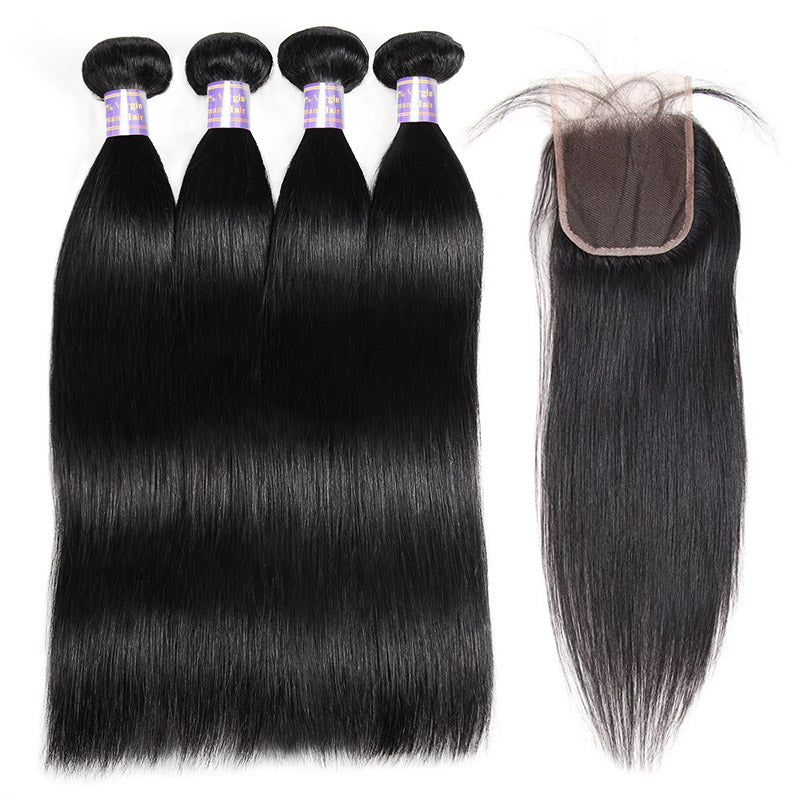 Allove Hair Peruvian Straight Hair 4 Bundles With 4*4 Lace Closure