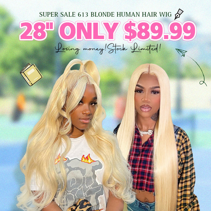 [ 70% OFF - No Code Needed] 28''= $89.99 613 Blonde Straight/ Body Wave 13*4*1 Lace Front Human Hair Wig 150% Density