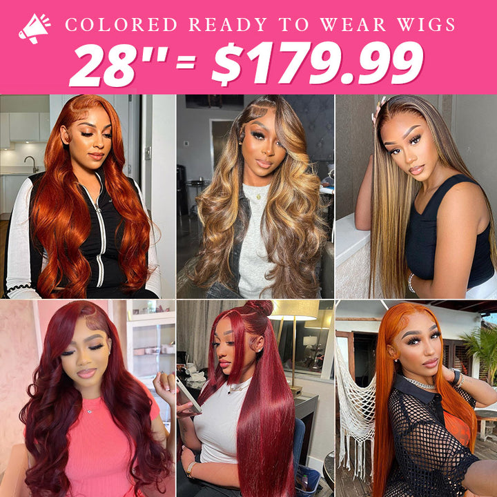[50% OFF - No Code Needed] 28''= $179.99 Pre Cut & Pre Plucked & Bleached Knots Ready To Wear 13*4 Colored Lace Front Wigs 180% Density