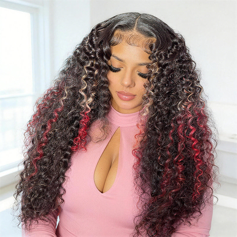 200 Density Ombre Blonde Red With Black Kinky Curly 13x4 13x6 HD Lace Front Wig With Pre Plucked - AlloveHair