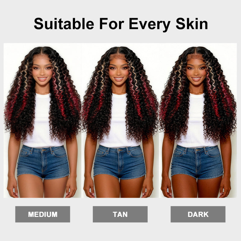 200 Density Ombre Blonde Red With Black Kinky Curly 13x4 13x6 HD Lace Front Wig With Pre Plucked - AlloveHair