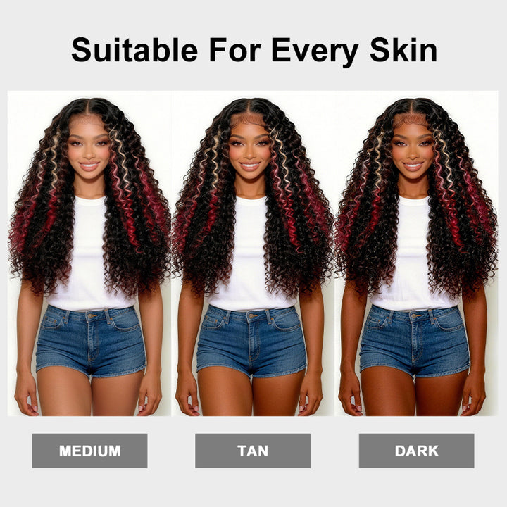 200 Density Ombre Blonde Red With Black Kinky Curly 13x4 13x6 HD Lace Front Wig With Pre Plucked - AlloveHair