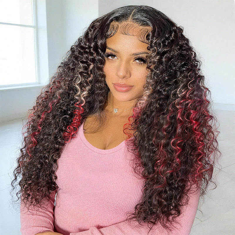 200 Density Ombre Blonde Red With Black Kinky Curly 13x4 13x6 HD Lace Front Wig With Pre Plucked - AlloveHair