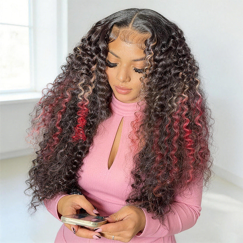 200 Density Ombre Blonde Red With Black Kinky Curly 13x4 13x6 HD Lace Front Wig With Pre Plucked - AlloveHair