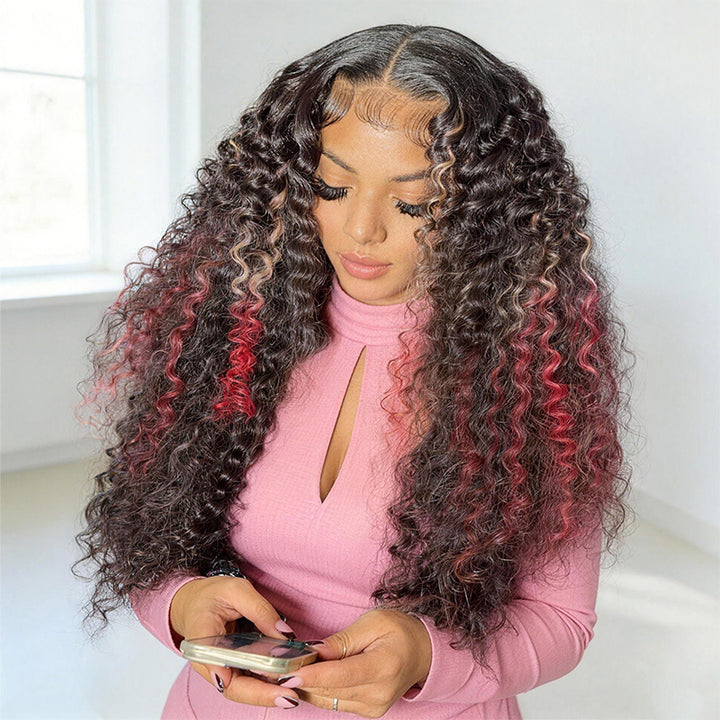 200 Density Ombre Blonde Red With Black Kinky Curly 13x4 13x6 HD Lace Front Wig With Pre Plucked - AlloveHair