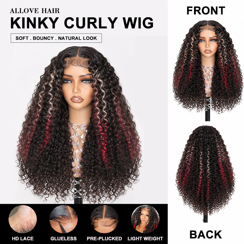 200 Density Ombre Blonde Red With Black Kinky Curly 13x4 13x6 HD Lace Front Wig With Pre Plucked - AlloveHair