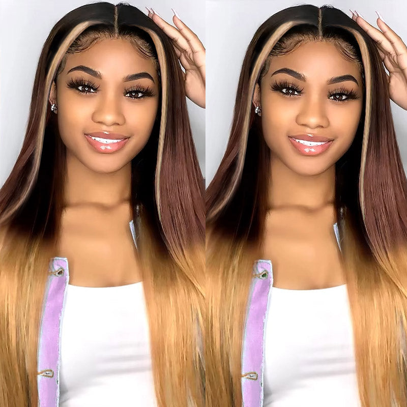 Allove Three Tone Ombre Hair T1B/4/27 Body Wave 13x4  Full Lace Front Human Hair Wig with Pre Plucked