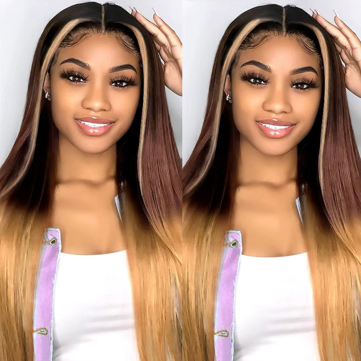 Allove Three Tone Ombre Hair T1B/4/27 Body Wave 13x4  Full Lace Front Human Hair Wig with Pre Plucked