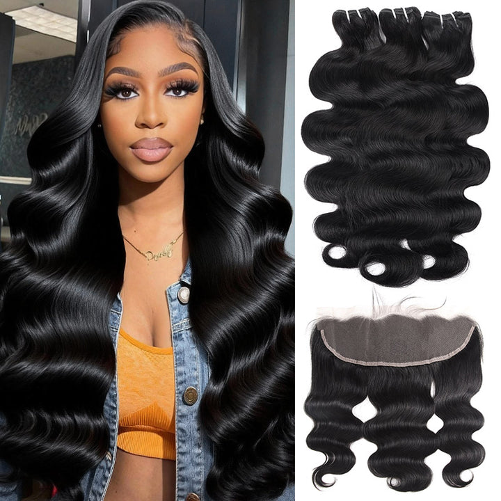 Allove 15A Luxurious 3 Bundles with Frontal Brazilian Body Wave Hair Bundles with 13x6 Lace Front Closure