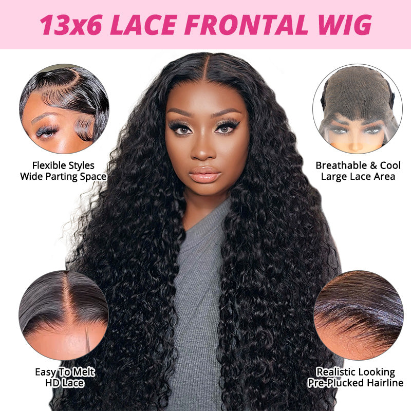13x6 Glueless Lace Front Wig | Water Wave Human Hair | HD Transparent Lace | Pre-Plucked Hairline | 180% Density - AlloveHair
