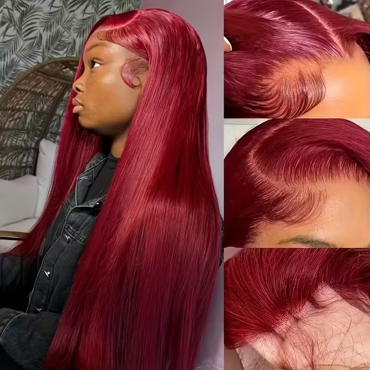 32 Inch 99J Burgundy 13x6 HD Transparent Lace Front Wig Virgin Straight Human Hair