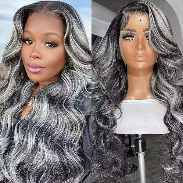Grey Highlight With Black Color Body Wave 13x4 HD Lace Front Human Hair Wigs