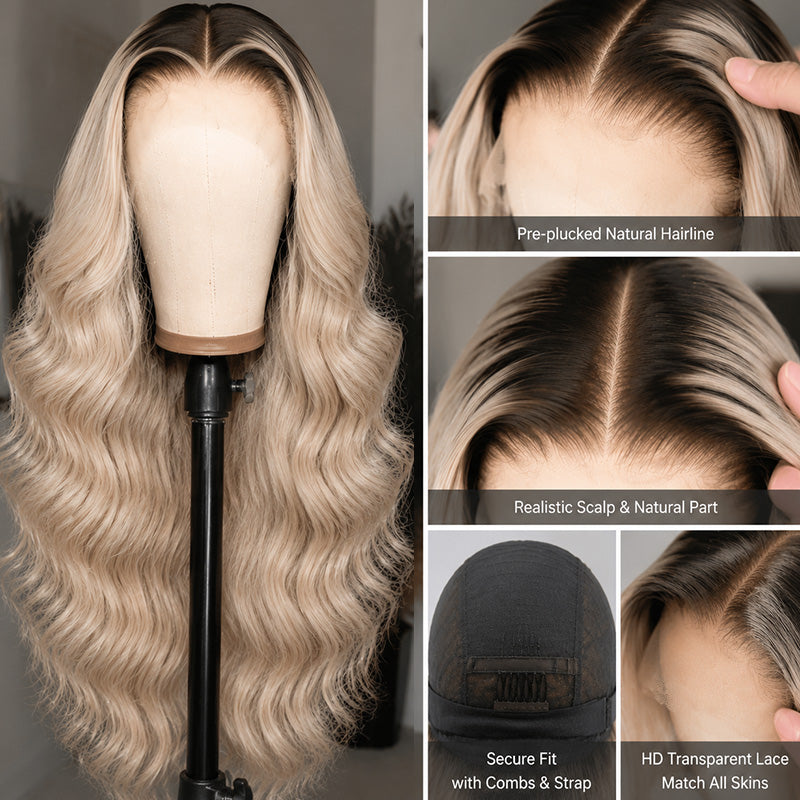 200% Density Ombre Ash Blonde Color Body Wave Human Hair Wig