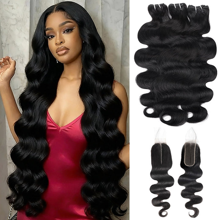 Allove 15A Raw Brazilian Body Wave Hair 3 Bundles With 2x6 Lace Closure Human Hair Bundles With Closure