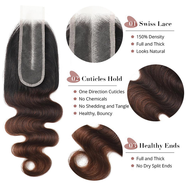 1B/2/30 Ombre Body Wave Human Hair Bundles With Closure Chestnut Brown 3 Bundles with 2x6 HD Lace Closure Deep Parting - AlloveHair