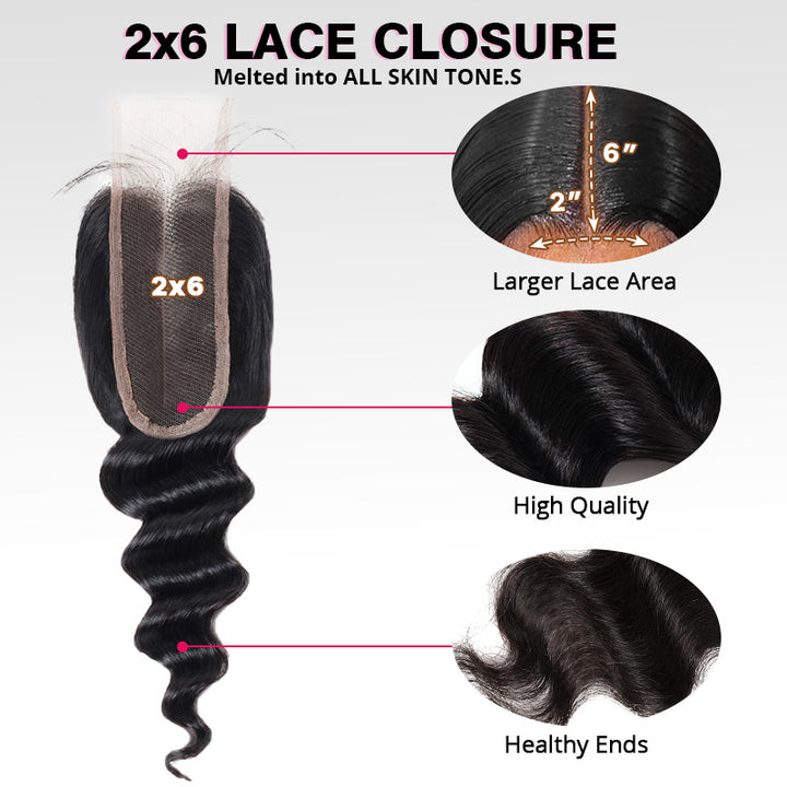 Allove 2x6 Deep Parting HD Lace Closure with Bundles Loose Deep Wave Bundles with Closure Human Hair Weave Extensions