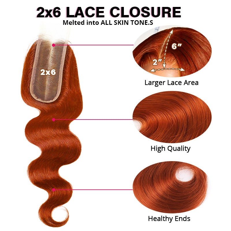 #350 Ginger Orange Bundles with 2x6 Lace Closure Virgin Body Wave Human Hair 3 Bundles with HD Lace Closure - AlloveHair