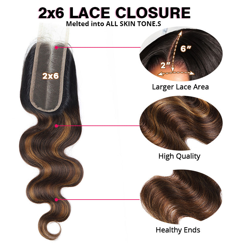 T1B/4/30 Highlight Brown Balayage Body Wave Human Hair 3 Bundles With 2x6 Lace Closure Deep Parting - AlloveHair