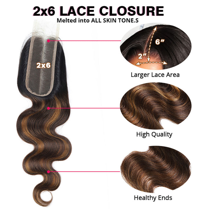 T1B/4/30 Highlight Brown Balayage Body Wave Human Hair 3 Bundles With 2x6 Lace Closure Deep Parting - AlloveHair