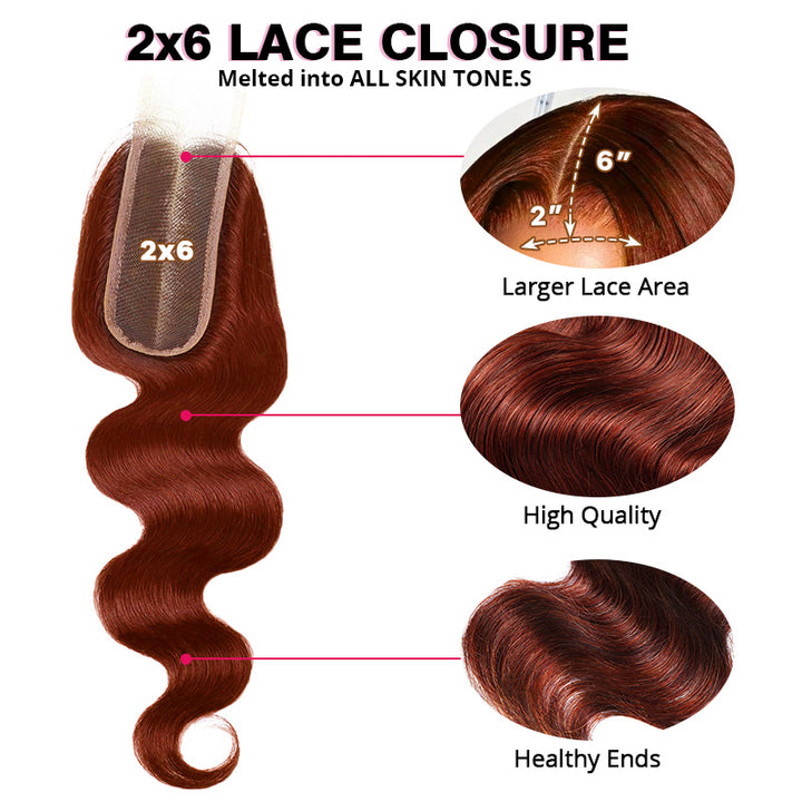 Auburn Brown Body Wave Human Hair 3 Bundles with 2x6 Lace Closure #33 Reddish Brown Bundles with Closure - AlloveHair