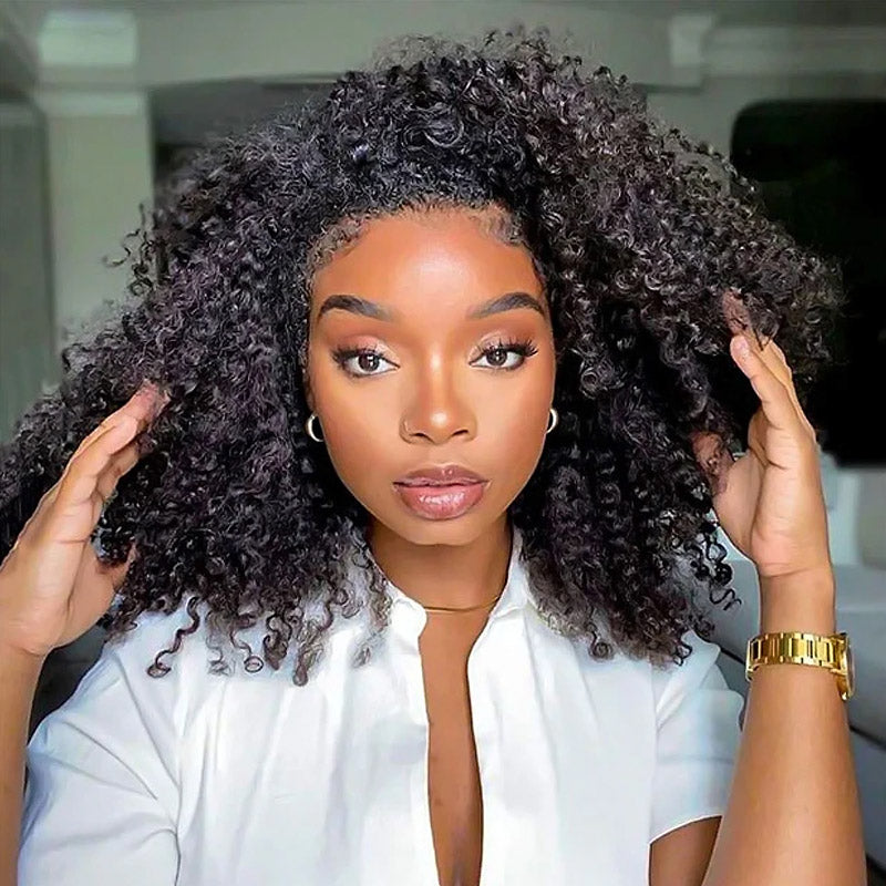 【3 IN 1 HALF WIG】Afro Curly Drawstring With Elastic Band Wig Real Hairline Flip Over Wig Friendly To Beginners Natural Hairline