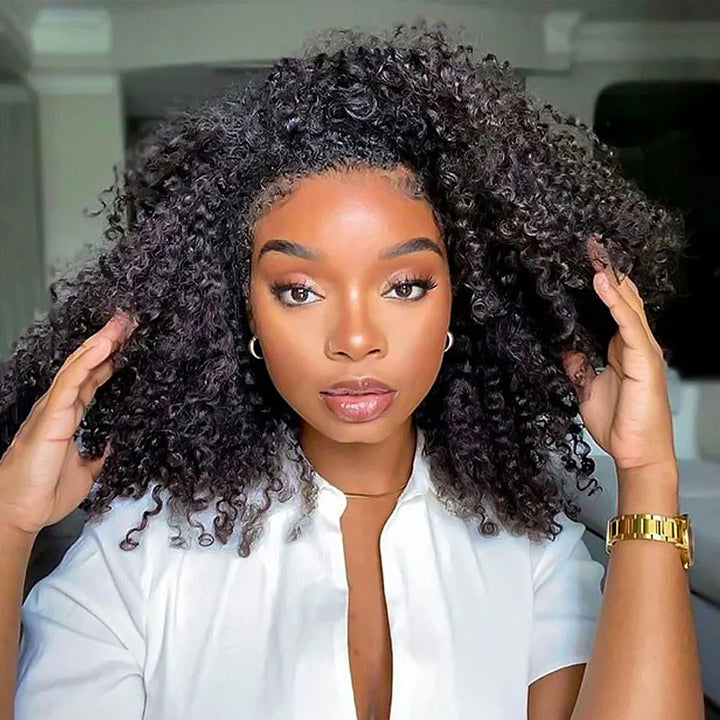 【3 IN 1 HALF WIG】Afro Curly Drawstring With Elastic Band Wig Real Hairline Flip Over Wig Friendly To Beginners Natural Hairline