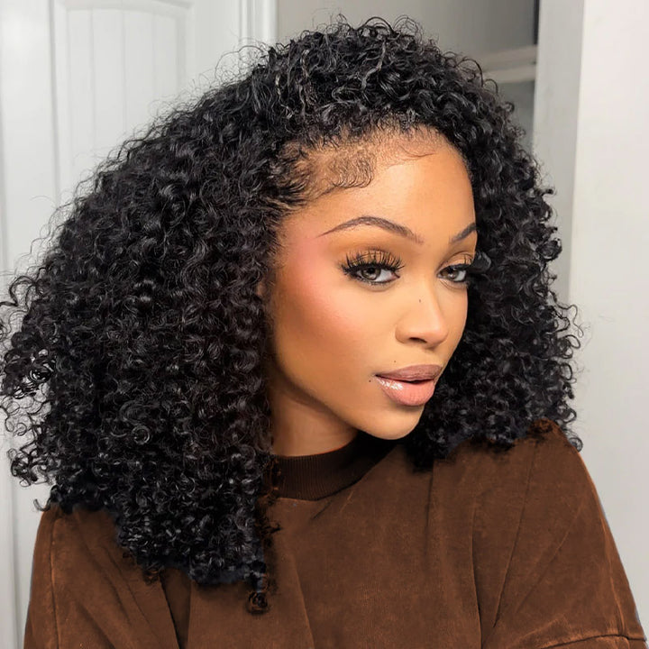【3 IN 1 HALF WIG】Afro Curly Drawstring With Elastic Band Wig Real Hairline Flip Over Wig Friendly To Beginners Natural Hairline